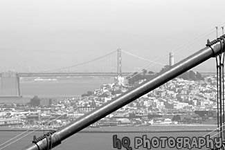 Close Up of Golden Gate Bridge & Bay Bridge in View black and white picture