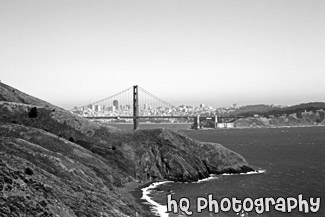 Golden Gate Bridge from Along Coast black and white picture