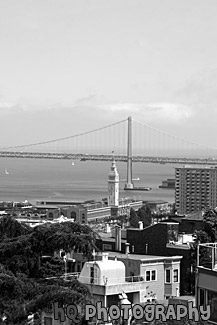 Ferry Building, Bay Bridge, & San Francisco black and white picture