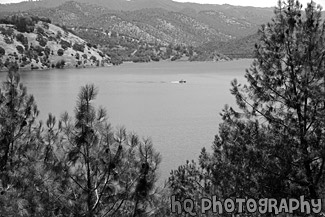 Boat in Don Pedro Reservoir black and white picture