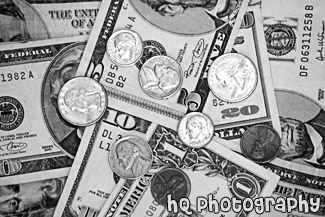 Coins on top of Money Bills black and white picture