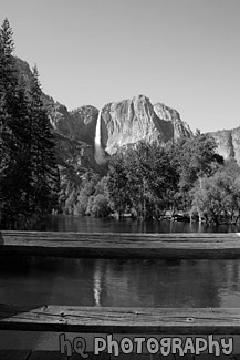 Yosemite Falls & Wood Railing black and white picture