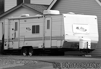 Recreation Vehicle Trailer black and white picture