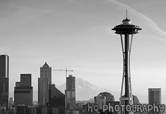 Space Needle, Seattle, & Mt. Rainier black and white picture