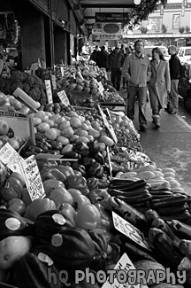 Fruit Stands at Pike Place Market black and white picture