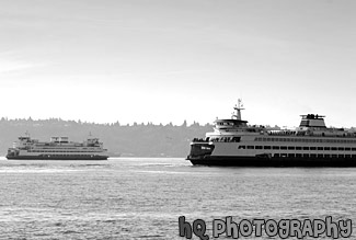 Two Seattle Ferry Boats black and white picture
