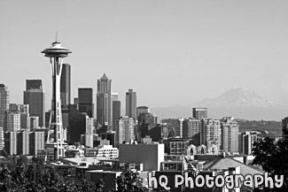 Seattle Skyline & Mount Rainier black and white picture