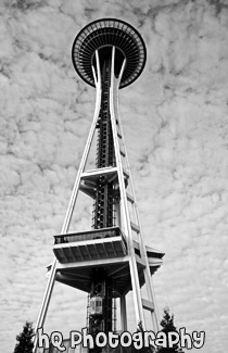 Looking up at Space Needle black and white picture