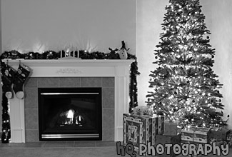 Christmas Tree & Fireplace black and white picture