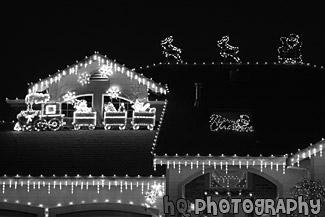 Christmas Lights on a House black and white picture