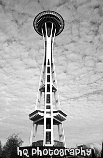 Front of Seattle Space Needle black and white picture