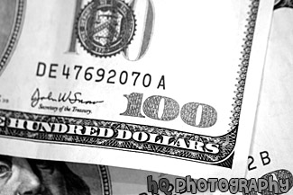 Close up of $100 Bill black and white picture