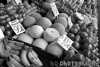 Close up of Fruit at Pike Place black and white picture