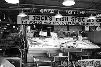 Jack's Fish Spot & Crabs at Pike Place black and white picture