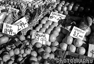 Pike Place Fruit Stand black and white picture