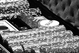 Poker Chips and Dice in Case black and white picture