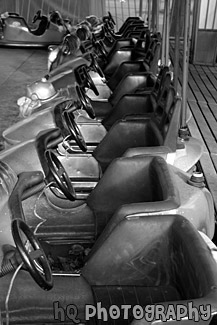 Line of Bumper Cars black and white picture