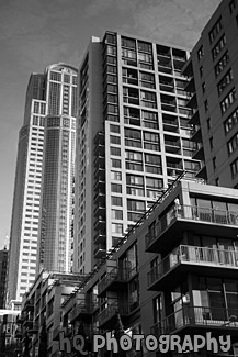 Blue Sky & Seattle Downtown Buildings black and white picture