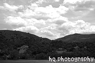 Green Hill, Lake, & Puffy Clouds black and white picture