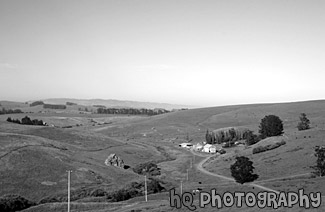 Farmland in Northern California black and white picture