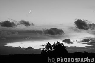 Crescent Moon, Sunset, & Hill Silhouette black and white picture