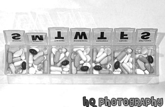 Vitamins in Weekly Pill Holder black and white picture