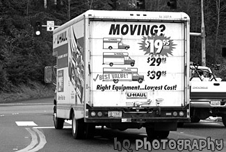 Back of a Uhaul Moving Truck black and white picture