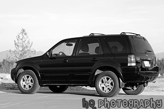 Black Ford Escape SUV black and white picture