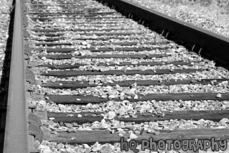 Close up of Railroad Tracks black and white picture