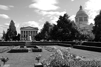 Capitol Building, Garden, and Statue black and white picture