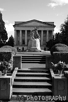 Insurance Building & Statue black and white picture