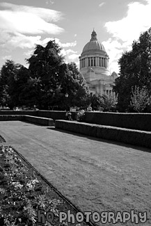 Capitol Building & Green Grass Garden black and white picture