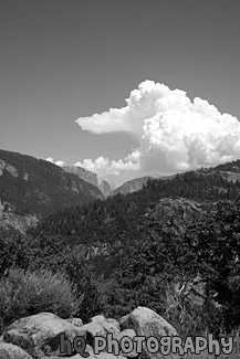 Half Dome, Puffy Cloud, & Blue Sky black and white picture