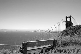 Bench & Golden Gate Bridge black and white picture