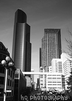 Two Tall Skyscrapers black and white picture