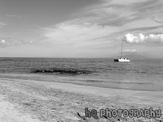 Pacific Ocean & Boat, Maui black and white picture