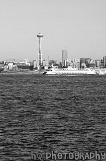 Ferry Boat & Space Needle black and white picture