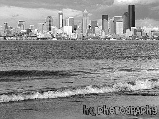 Seattle Buildings from Alki Beach black and white picture