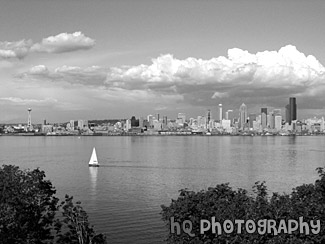 Sailboat & Seattle View black and white picture