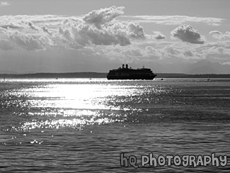 View of Water and Ferry black and white picture