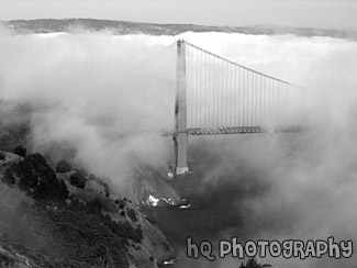 Golden Gate Bridge Covered in Fog black and white picture