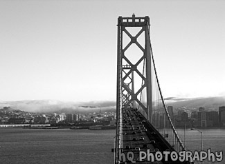 Bay Bridge & Fog Hovering black and white picture