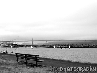 San Francisco Fishing, Sailboats, & Bridge black and white picture