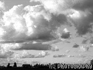 Puffy Clouds Over Farm black and white picture