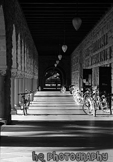 Mauresque Style Architecture & Walkway at Stanford University black and white picture