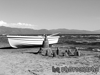 Lake Tahoe - Sand Castle & Boat black and white picture