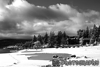 Lake Tahoe Snow, Clouds, & Beach black and white picture