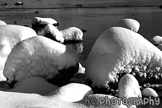 Snow Covered Rocks in Lake Tahoe black and white picture