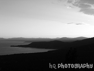 Sky, Mountains, and Sunset of Lake Tahoe black and white picture