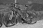 Black & White Red Mountain Bike Against Fence preview